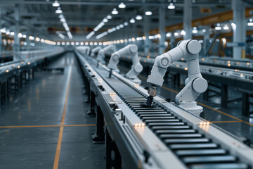 Robotic arm in futuristic assembly manufacturing factory 
