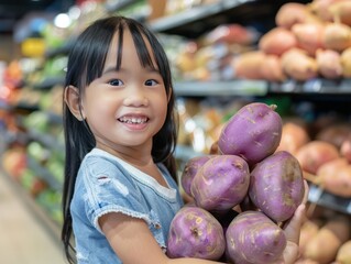 Fototapeta premium Adorable Asian Girl Smiling and Holding Fresh Purple Yam in Supermarket - Food Shopping Fun!