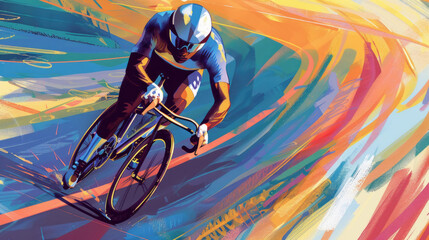 A painting depicting a man riding a bicycle