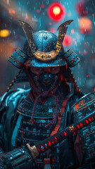 Fototapeta premium a samurai wearing an oni mask and futuristic samurai armour Tron style holding his katana whilst in a dynamic battle pose.generative ai