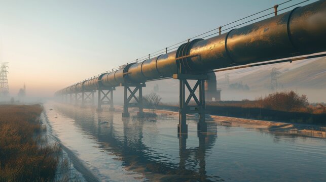 An industrial pipeline on elevated supports stretches over a calm river at sunrise, with mist in the background.