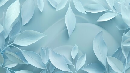 Minimalistic, elegant, light blue leaf pattern background, featuring overlapping leaves, smooth lines, and gradients, creating calming effect.