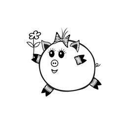 Black Vector piggy fat girl running with a flower on a white background for coloring book for children
