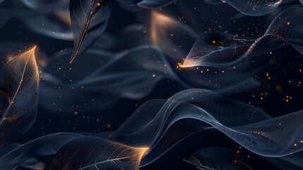 Fototapeta premium Magical swirling blue leaves with glowing orange particles, creating mesmerizing, dreamlike, abstract fantasy landscape, digital art. Background with copy space. 