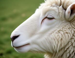 Obraz premium A sheep's face , with its eyes closed and a peaceful expression