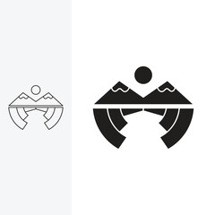 winged mountain logo, with a beautiful panorama, monoline style and silhouette stylish.