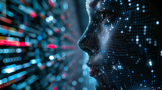 Person surrounded and covered by lights, shapes and digital writing. Concept of high technology, relationship between artificial intelligence and human being.