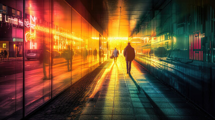 A person walks along a brightly lit city street at night, surrounded by neon lights reflecting off glass walls, creating a vibrant and colorful ambiance