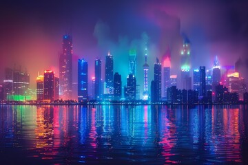 Foggy city skyline at night with buildings lit in rainbow colors reflecting on water. The vibrant display highlights unity, pride, and celebration of LGBTQ+ community during Pride Month,