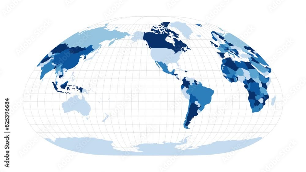 Poster world map. loximuthal projection. loopable rotating map of the world. radiant footage.