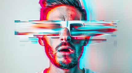 In the painting, the eyes are smeared on the man's face. The glitch effect image has a psychedelic, whimsical and abstract look. The concept of a man's mental health. Illustration for varied design.
