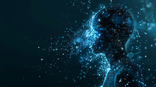 Human head surrounded by data visualized by digital lines and particles