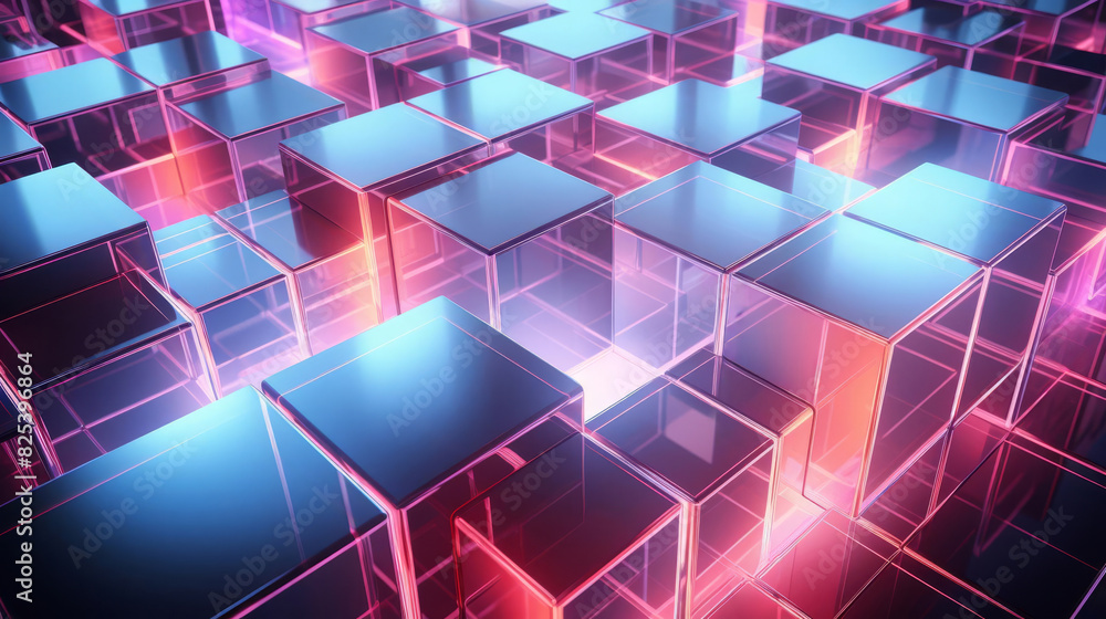 Canvas Prints a stunning 3d abstract background with glowing neon lights and reflective glass cubes. perfect for m