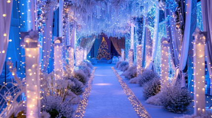 Snow blankets walkway lined with trees adorned with twinkling lights