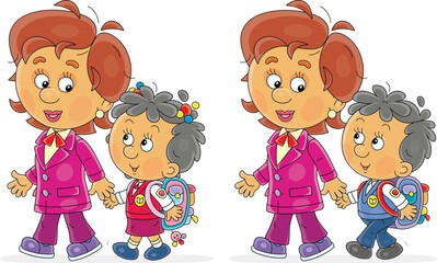 Young cute mother with her little son and daughter going to school to start of classes, a set of vector cartoon illustrations isolated on a white background