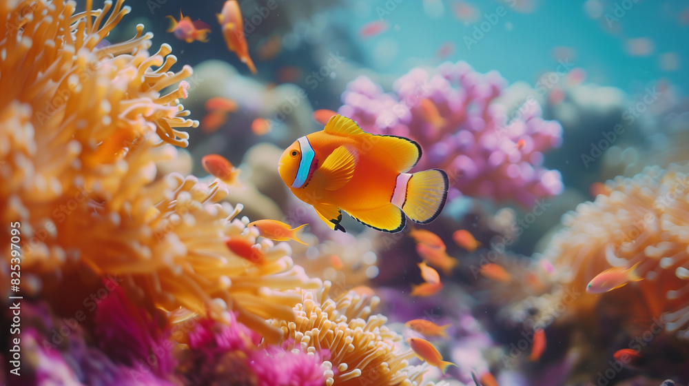 Wall mural Underwater coral reef with colorful fish, natural scenery of sea life in the ocean concept - Wall murals