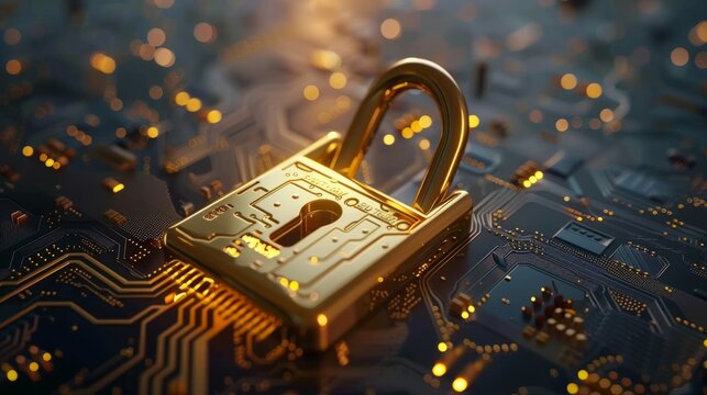 Golden padlock with integrated electronic circuits, password security technology for fraud prevention and confidential data network