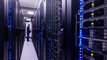 Network Engineer Performing Maintenance in Modern Data Center