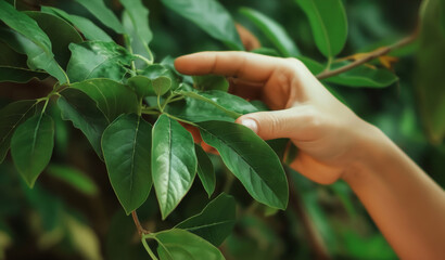 Gardener checking branches and leaves of trees with his hand for diseases, organic farming