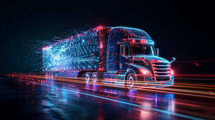 AI-powered truck with glowing data streams, representing advanced logistics technology
