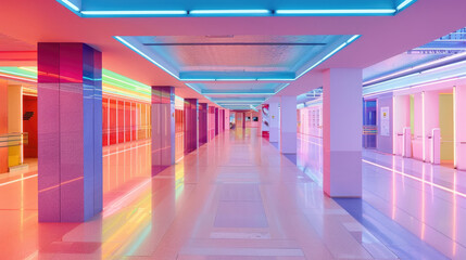A long hallway features colorful lights on the ceiling, creating a vibrant and dynamic atmosphere