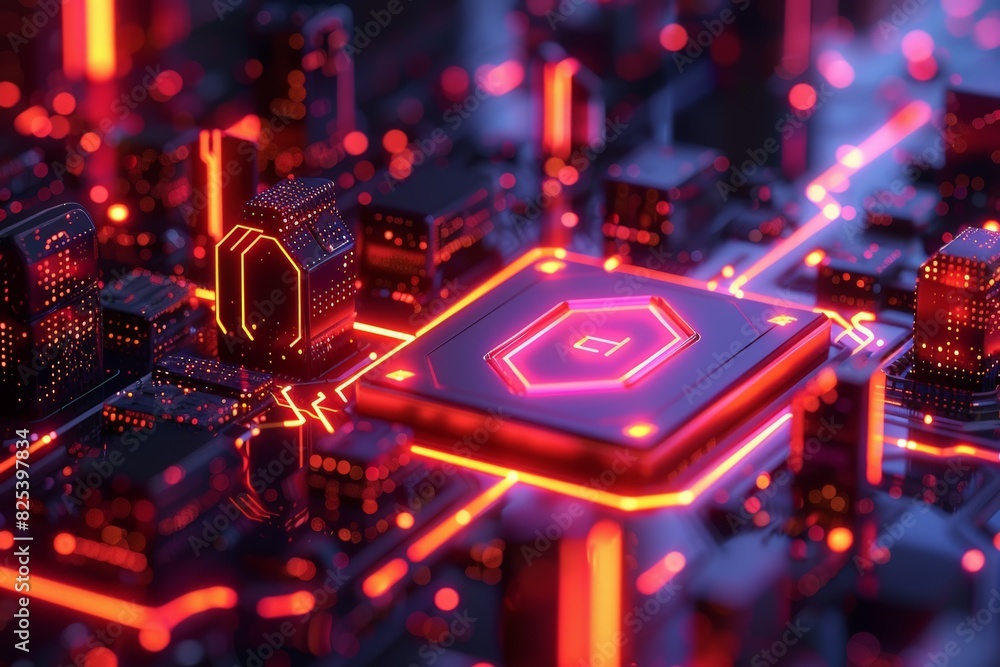 Poster a computer chip with a red square on it. the chip is surrounded by a cityscape. the cityscape is lit