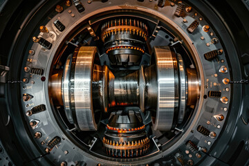 Naklejka premium Detailed view inside a machine, showing intricate components and mechanisms in operation