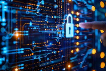 Fototapeta premium High tech cloud computing with advanced data encryption and integrated devices, illustrated with blue and white hues and a tech themed design