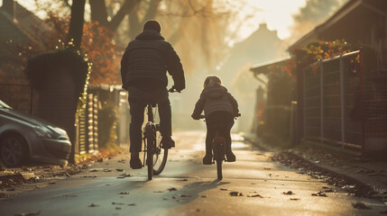 A man and a little girl ride bicycles on the street, creating an image full of joy and spontaneity.