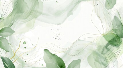 Watercolor soft green leaves with abstract gold wave lines on a white background. This abstract art banner vector illustration is designed for artwork posters or web templates.