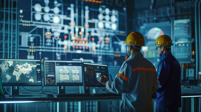 Two engineers in helmets analyze data on multiple computer screens in a high-tech control room with a digital interface displayed on a wall.