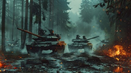 Tanks attack in a dark forest. Military conflict