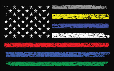 First Responder American Flag With Awareness Colors In Stars And Stripes.