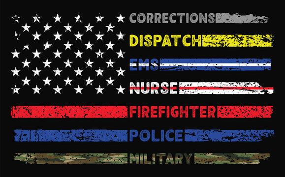 First Responder American Flag With Awareness Colors In Stars And Stripes.
