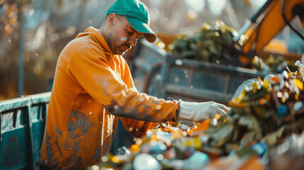 A waste management worker focuses on sorting raw materials into a recycling container in an open area.