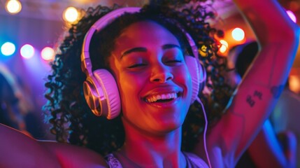 A woman enjoying the freedom of dancing without speaking fully immersed in the music coming through her wireless headphones at the silent disco.