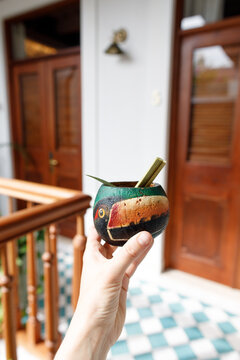 Parrot cup with cocktail in woman's hand
