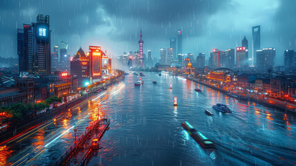 Oriental Pearl, Bund, Shanghai, Cyberpunk, information flow, technological lines, night, overlooking Angle, vista,generative ai