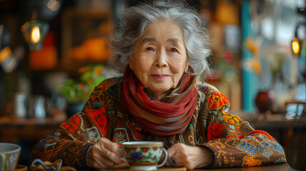 Smiling Elderly Woman Sitting at a Table in a Cozy Setting
