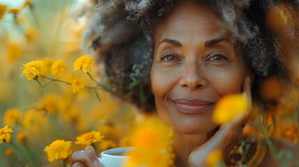 A woman smiles while surrounded by yellow flowers.