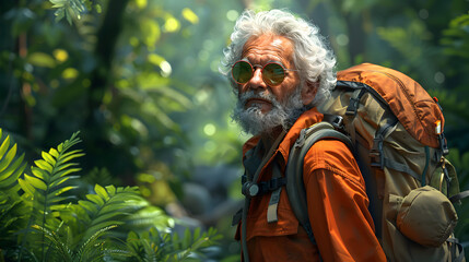 A man with a white beard and a backpack walks through a lush green forest.