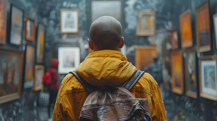 A man in a yellow jacket walks through a hallway lined with framed artwork, exploring an art gallery and admiring the pieces.