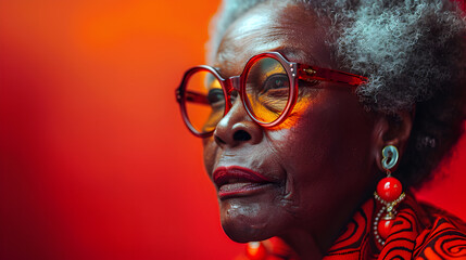 Close-up portrait of a woman wearing glasses against a red and orange background.