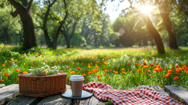 A sunlit picnic blanket spread on the grass in a scenic park, with trees and benches in the background during a sunny day.
