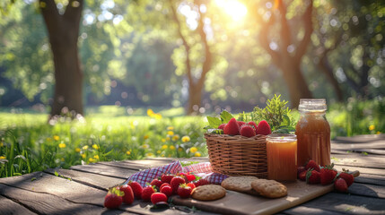 A charming picnic setup with a basket of fresh strawberries, herbs, and cookies, set in a sunlit park with trees and flowers.
