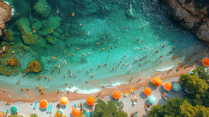 Aerial view of a vibrant beach scene with colorful umbrellas, sunbathers, and swimmers in turquoise waters on a sunny day.
