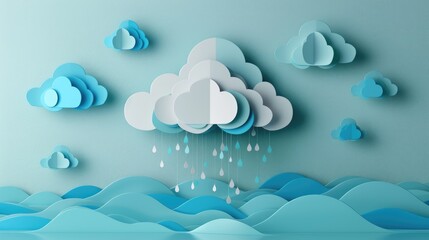 A fluffy white cloud with heart-shaped elements gently releasing raindrops, set against a serene blue background.