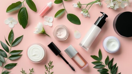 Cosmetic products and green leaves on a pink background.