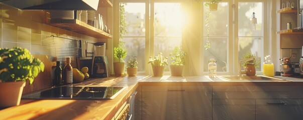 Modern kitchen interior with sunlight and plants, featuring countertop and kitchen appliances.
