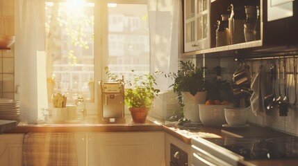 Modern kitchen interior with sunlight streaming through window, featuring countertop plants and kitchenware.
